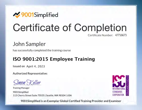 Certificate: ISO 9001:2015 Employee Training