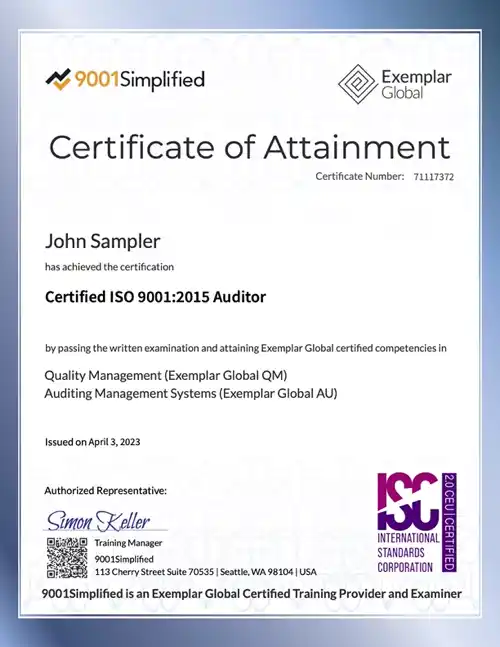 Certificate: ISO 9001:2015 Auditor Certification Training