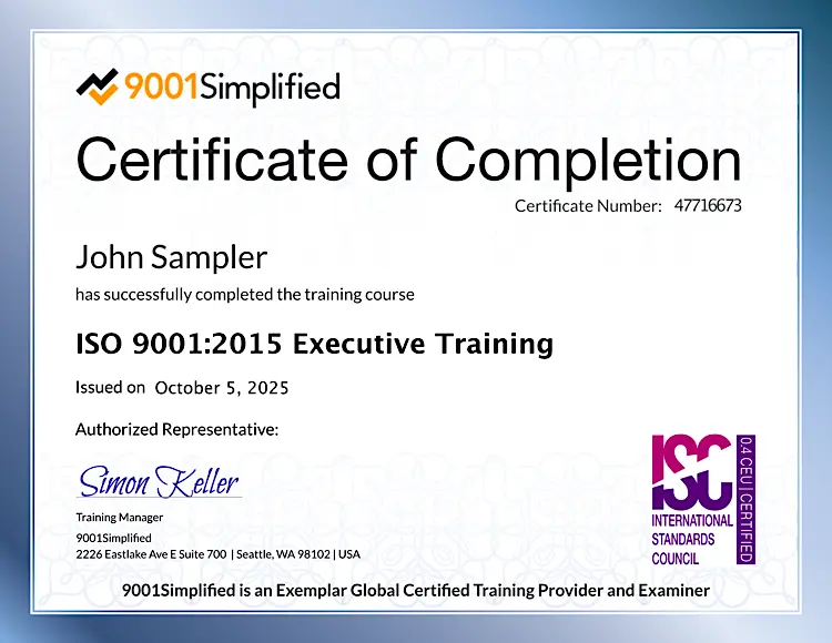 Certificate: ISO 9001:2015 Executive Training