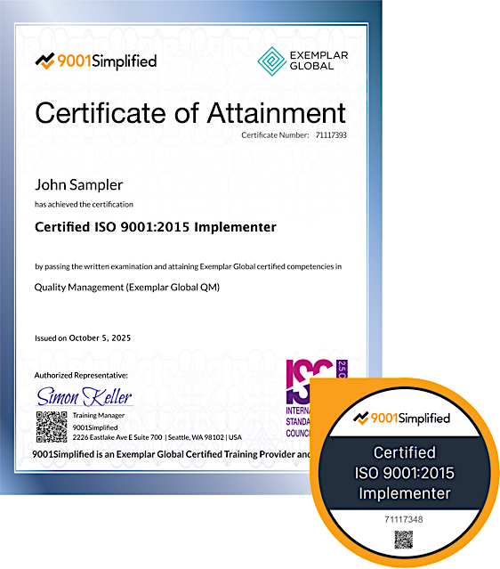 Certificate and Badge: ISO 9001:2015 Implementer Certification Training