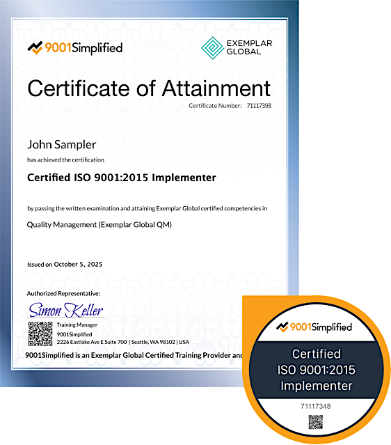 Certificate and Badge: ISO 9001:2015 Implementer Exam