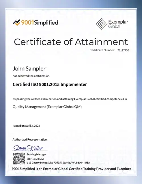 Certificate: ISO 9001:2015 Implementer Exam
