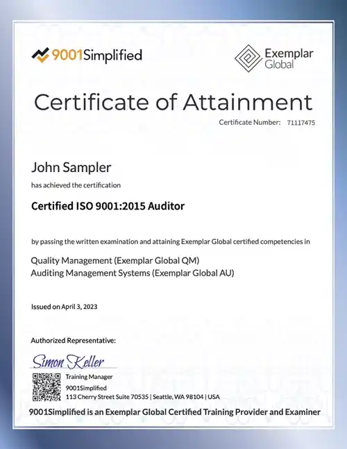 Certificate: ISO 9001:2015 Auditor Exam