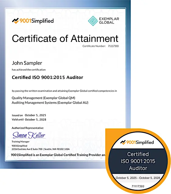 Certificate and Badge: ISO 9001:2015 Auditor Exam