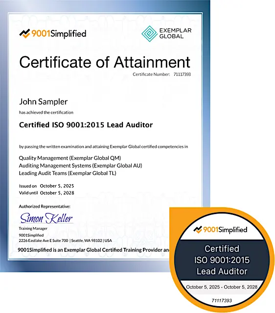 Certificate and Badge: ISO 9001:2015 Lead Auditor Exam