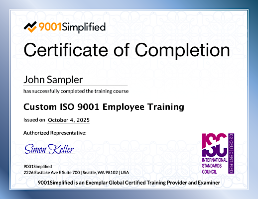 Certificate of Completion: Custom ISO 9001 Employee Training