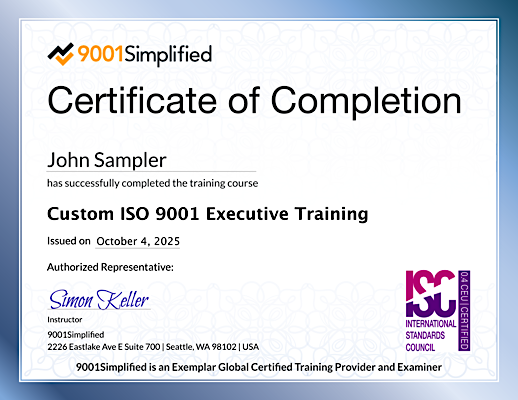 Certificate of Completion: Custom ISO 9001 Executive Training