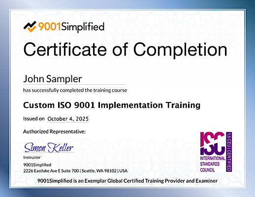 Certificate of Completion: Custom ISO 9001 Implementation Training