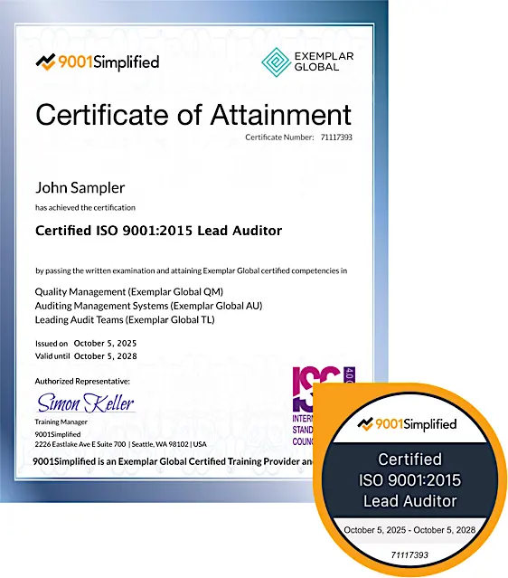 Certificate and Badge: Custom ISO 9001 Lead Auditor Training